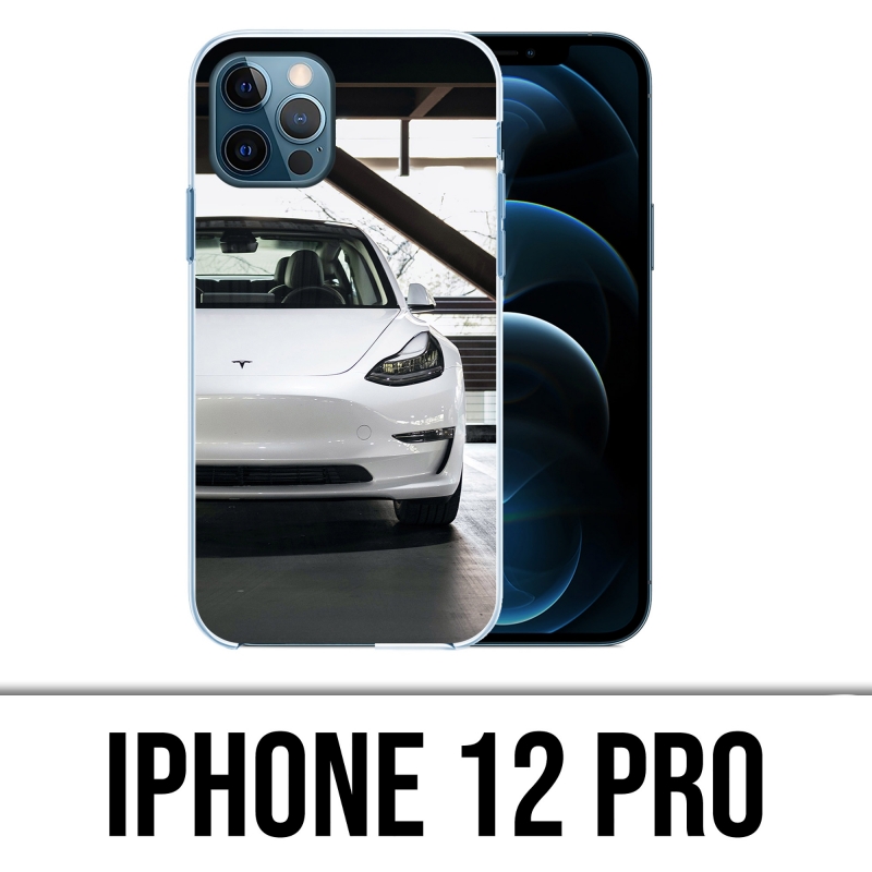 Coque iPhone 12 Pro - Tesla Model 3 Blanc