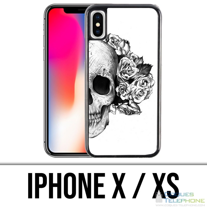 Custodia per iPhone X / XS - Testa di teschio rose nero bianco