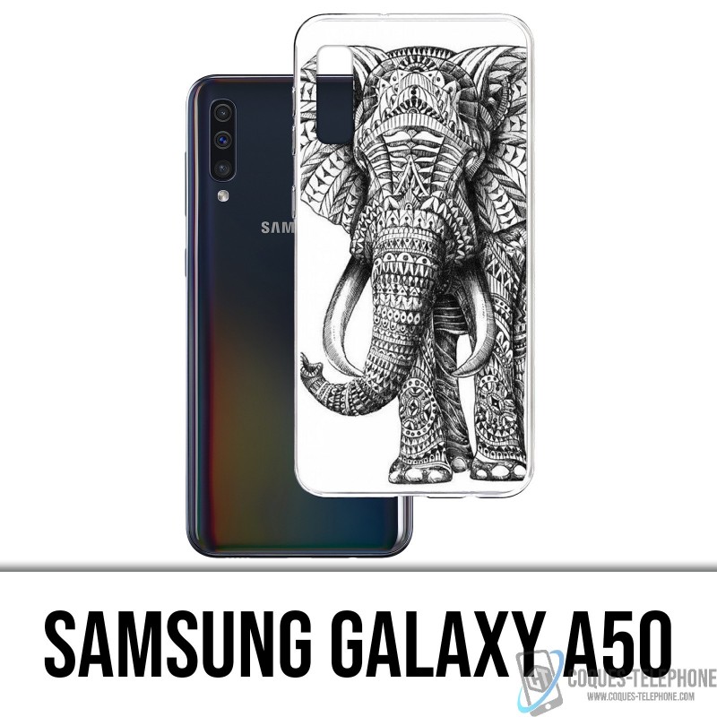 Coque Samsung Galaxy A50 - Éléphant Aztèque Noir Et Blanc