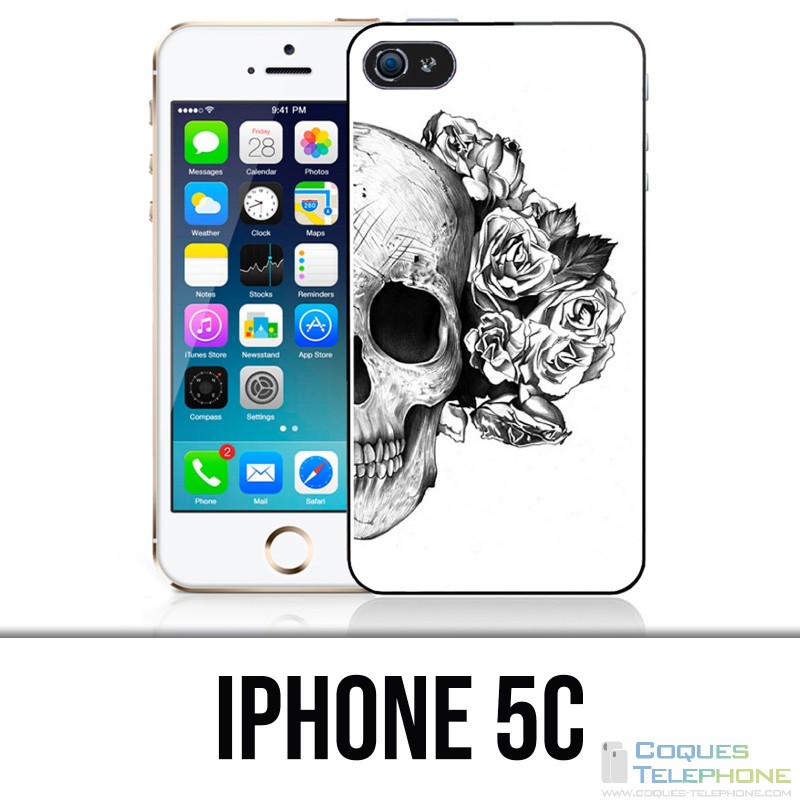 Coque iPhone 5C - Skull Head Roses Noir Blanc