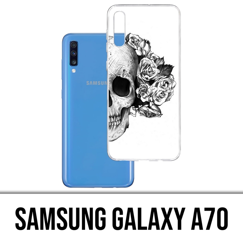 Coque Samsung Galaxy A70 - Skull Head Roses Noir Blanc