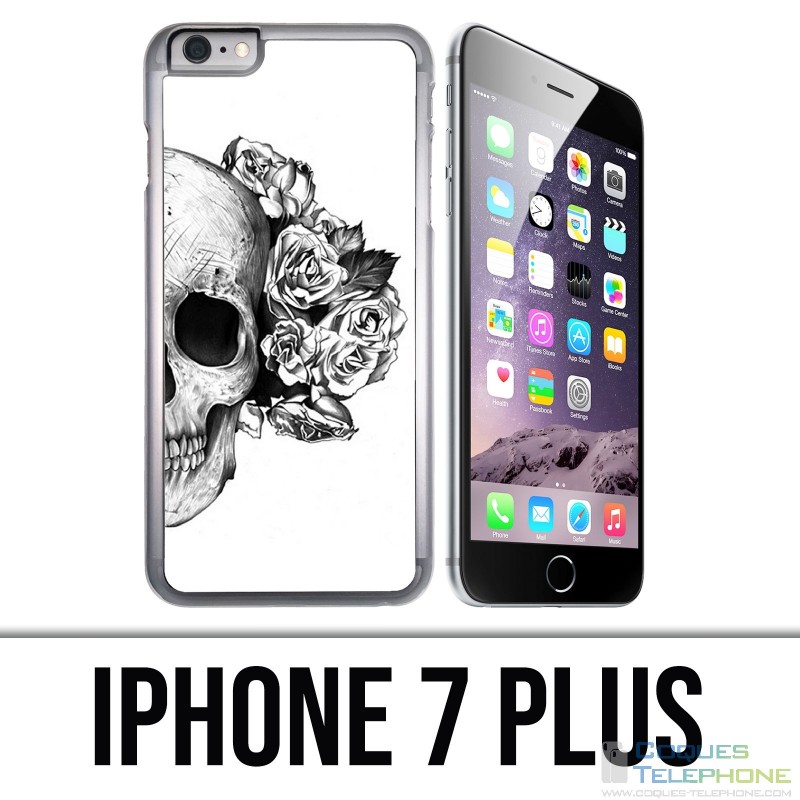 Funda iPhone 7 Plus - Skull Head Roses Negro Blanco