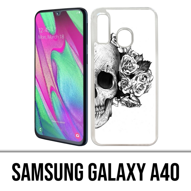 Coque Samsung Galaxy A40 - Skull Head Roses Noir Blanc