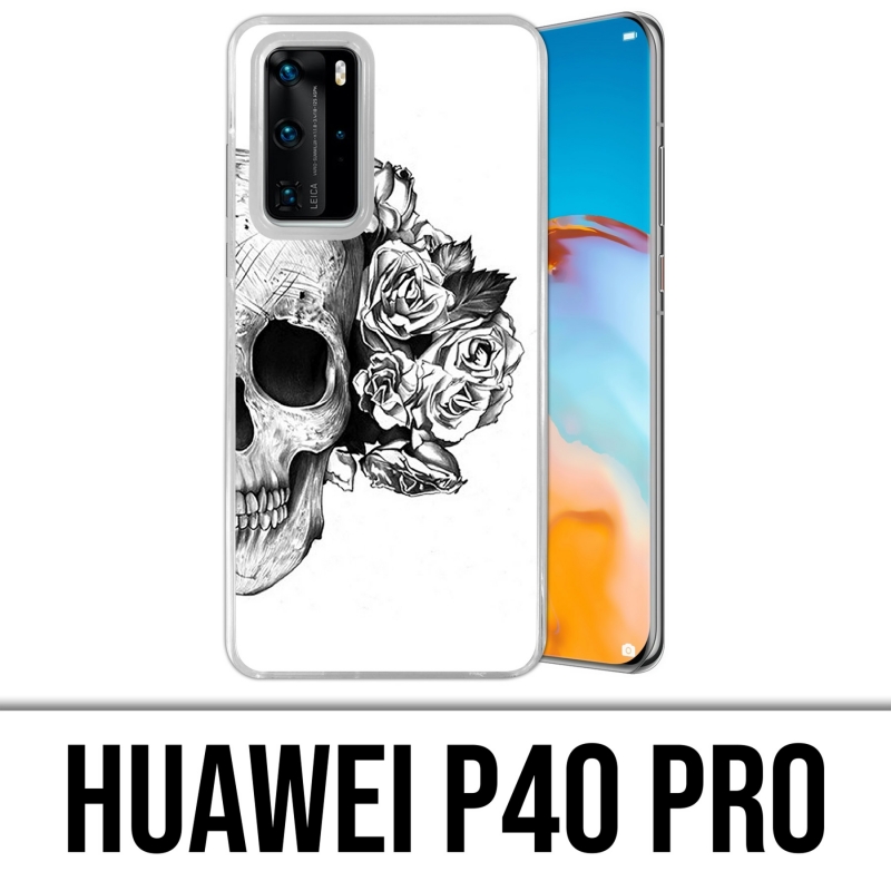 Huawei P40 PRO Case - Skull Head Roses Black White