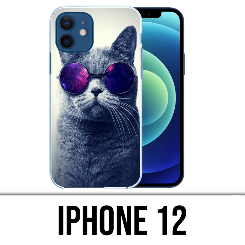 Coque iPhone 12 - Chat Lunettes Galaxie