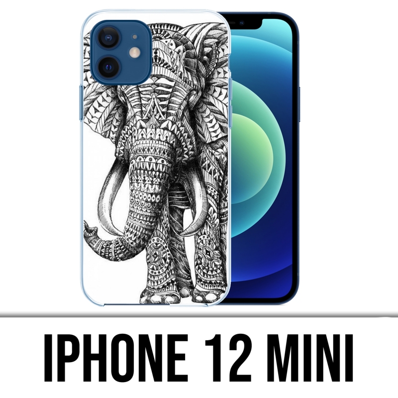 Coque iPhone 12 mini - Éléphant Aztèque Noir Et Blanc