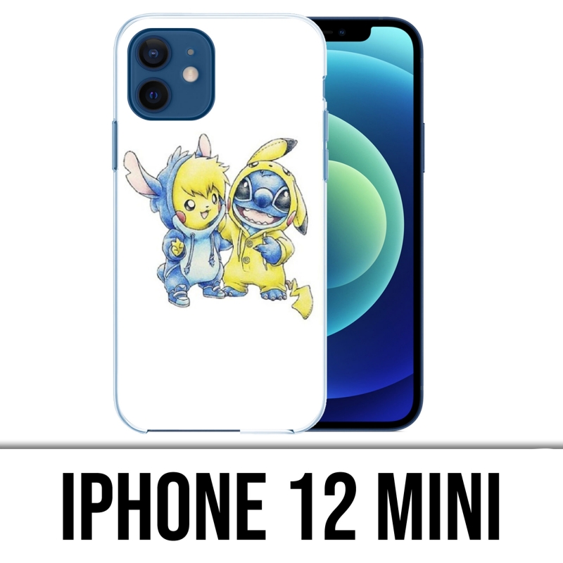 Coque iPhone 12 mini - Stitch Pikachu Bébé