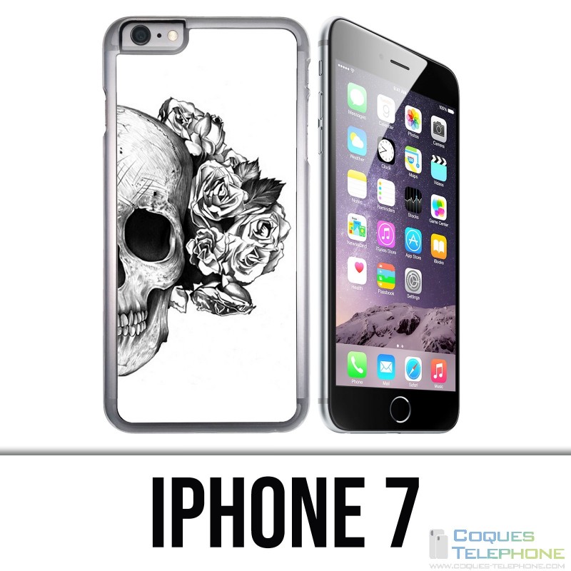 Coque iPhone 7 - Skull Head Roses Noir Blanc