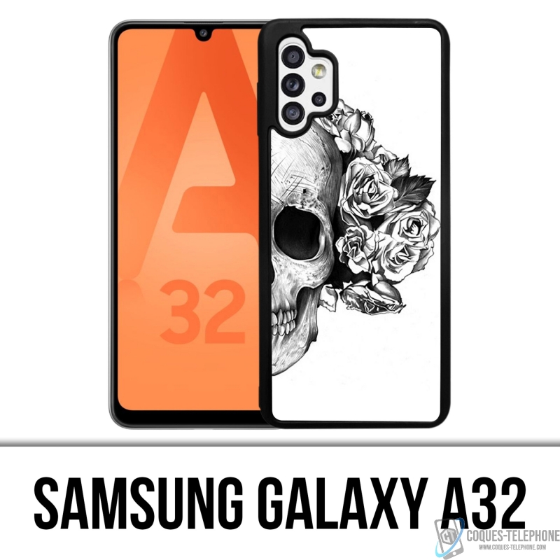 Coque Samsung Galaxy A32 - Skull Head Roses Noir Blanc