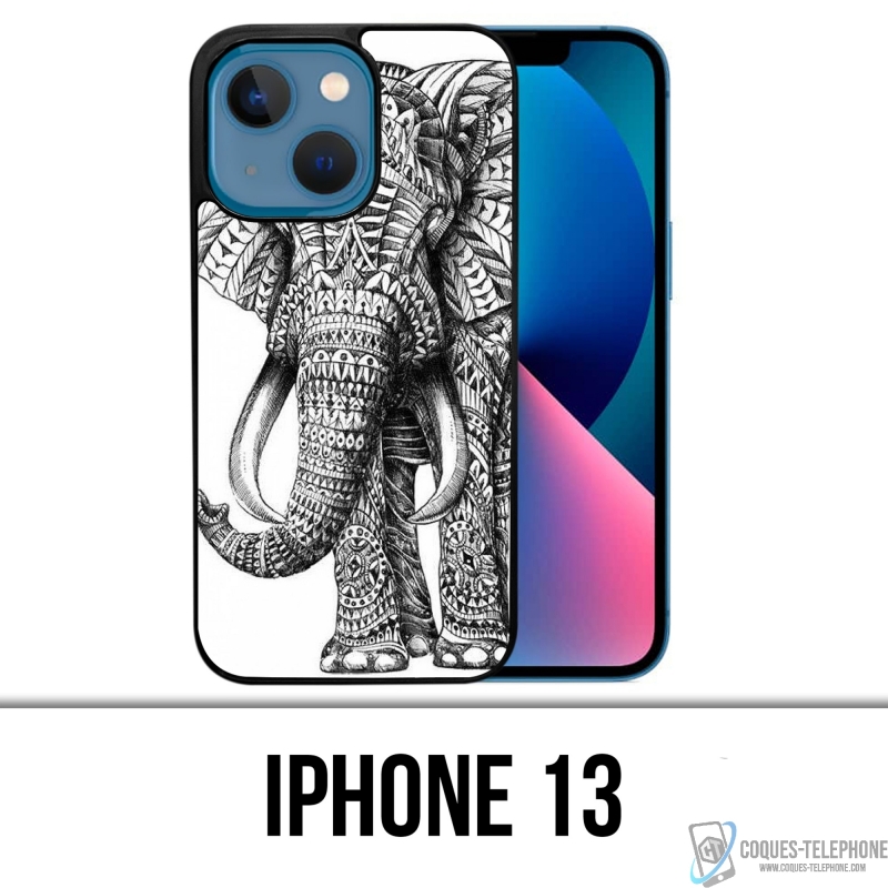 Coque iPhone 13 - Éléphant Aztèque Noir Et Blanc